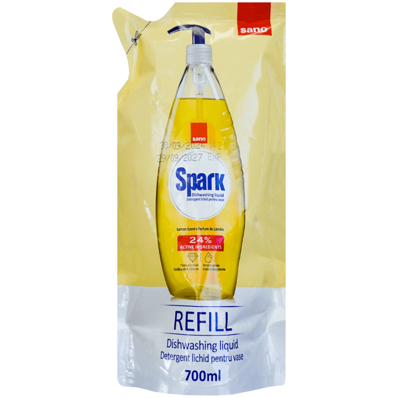 Detergent lichid, rezervă, pentru vase Sano Spark lămâie, 700 ml
